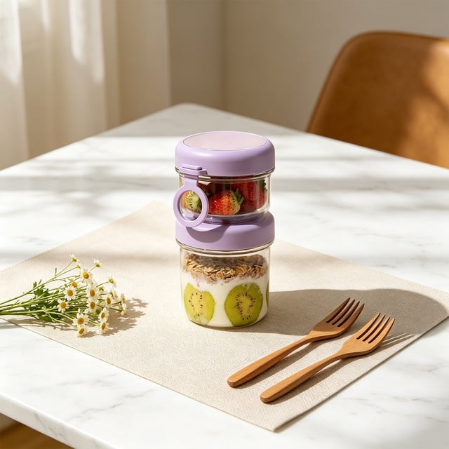 Reusable Plastic Oatmeal Containers with Leakproof Lids and Ring Handles, 2-Pack, 18.3x10x10 cm, Stackable Breakfast Cups for Cereal, Yogurt, Snack Storage, Assorted Colors