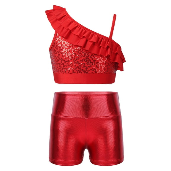 Alvivi Kids Girls Sequin 2PCs Dance Outfits Crop Top and Shorts Set Gymnastics Leotard Red 14