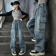 thumbnail image 2 of Gubotare Kids Jeans for Girls Girls Jeans Baggy Denim Jeans Wide Leg Vintage Distressed Pants Cargo Jeans Multi Pockets Y2K Streetwear,Blue,15-16 Years, 2 of 5