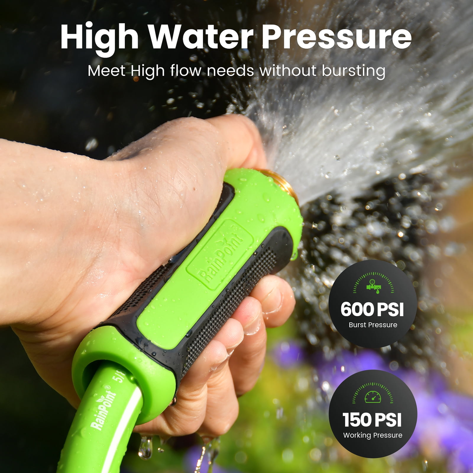 RainPoint Garden Hose 25FT - Made of hybrid rubber, Duty Garden Hose , with brass fittings, 5/8" diameter, and male-to-female connections
