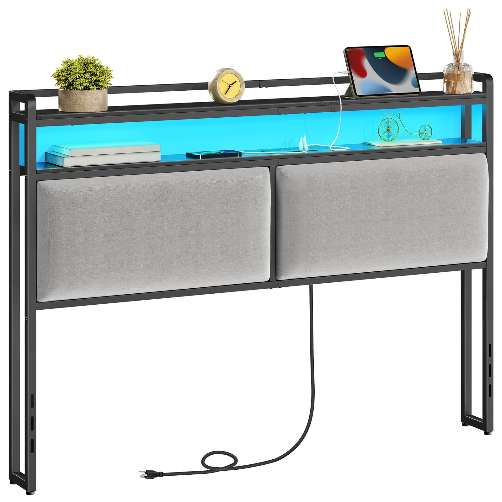 HOOBRO Queen Size Upholstered Headboard, Storage Headboard with Charging Station and Adjustable LED Lights, 2 Standard Outlets and 2 USB Ports, Queen Headboard Only  BB54UDBH01