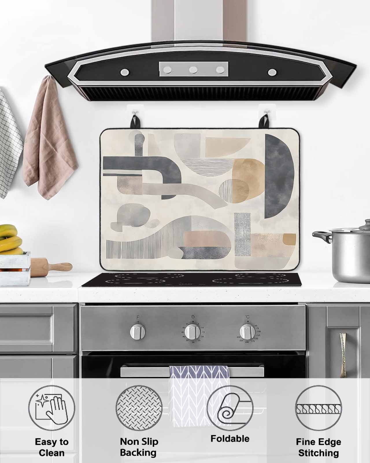 nqOlkjepod Large Induction Cooktop Protector Mat 36"x21", Grey Brown Boho Stove Top Covers for Electric Stove, Abstract Vintage Modern Geometric Stove Burner Cover Mats, Glass Top Stove Cover