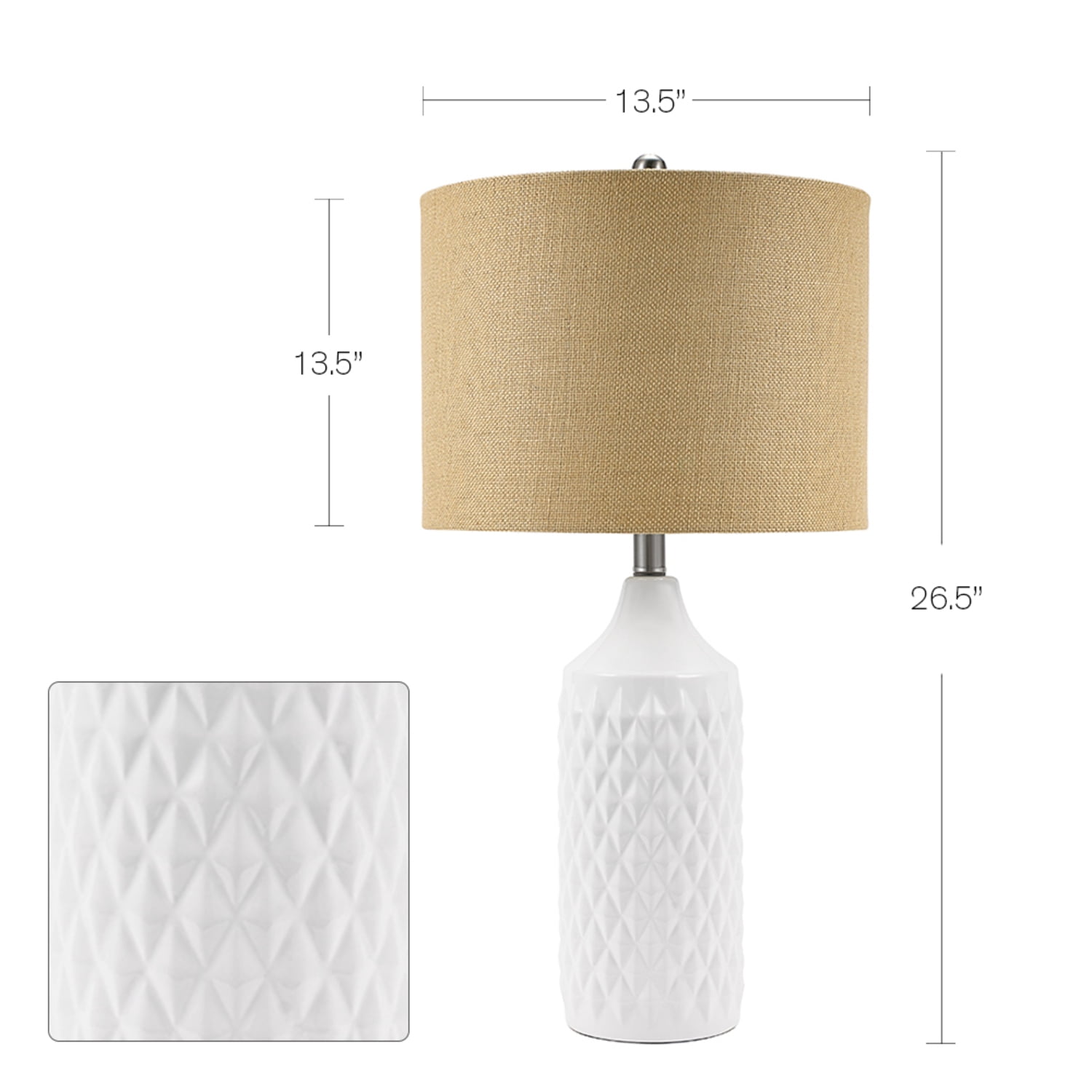 Cresswell Lighting 3-Way Quilted Ceramic Table Lamp with Natural Linen Drum Shade