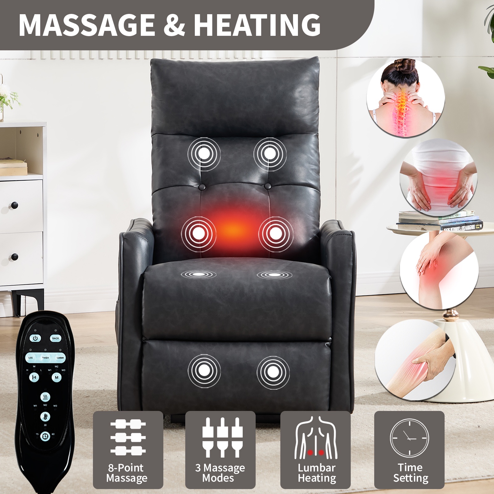 Power Lift Recliner Chair with Massage & Heat for Seniors, Heavy Duty Faux Leather, USB Charging Port, 155° Max Recline, Easy Assembly, Perfect for Living Room Comfort