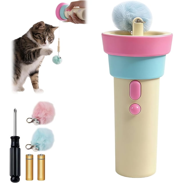 Automatic Cat Teaser Launcher, Electric Cat Wand Toy with Telescopic Rope, Interactive Automatic Retractable Cat Teaser with Plush Ball, Fuzzy Ball Launcher Toy for Bored Indoor Pets (A)