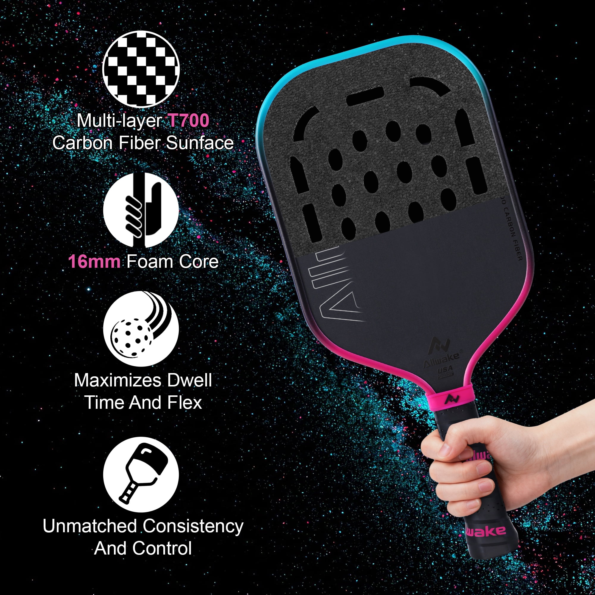 Allwake Pickleball Paddles - Carbon Fiber Paddle with Advanced Foam Core Pickleball Rackets - Lightweight Precision & Enhanced Shock Absorption for High Spin & Powerful Shots