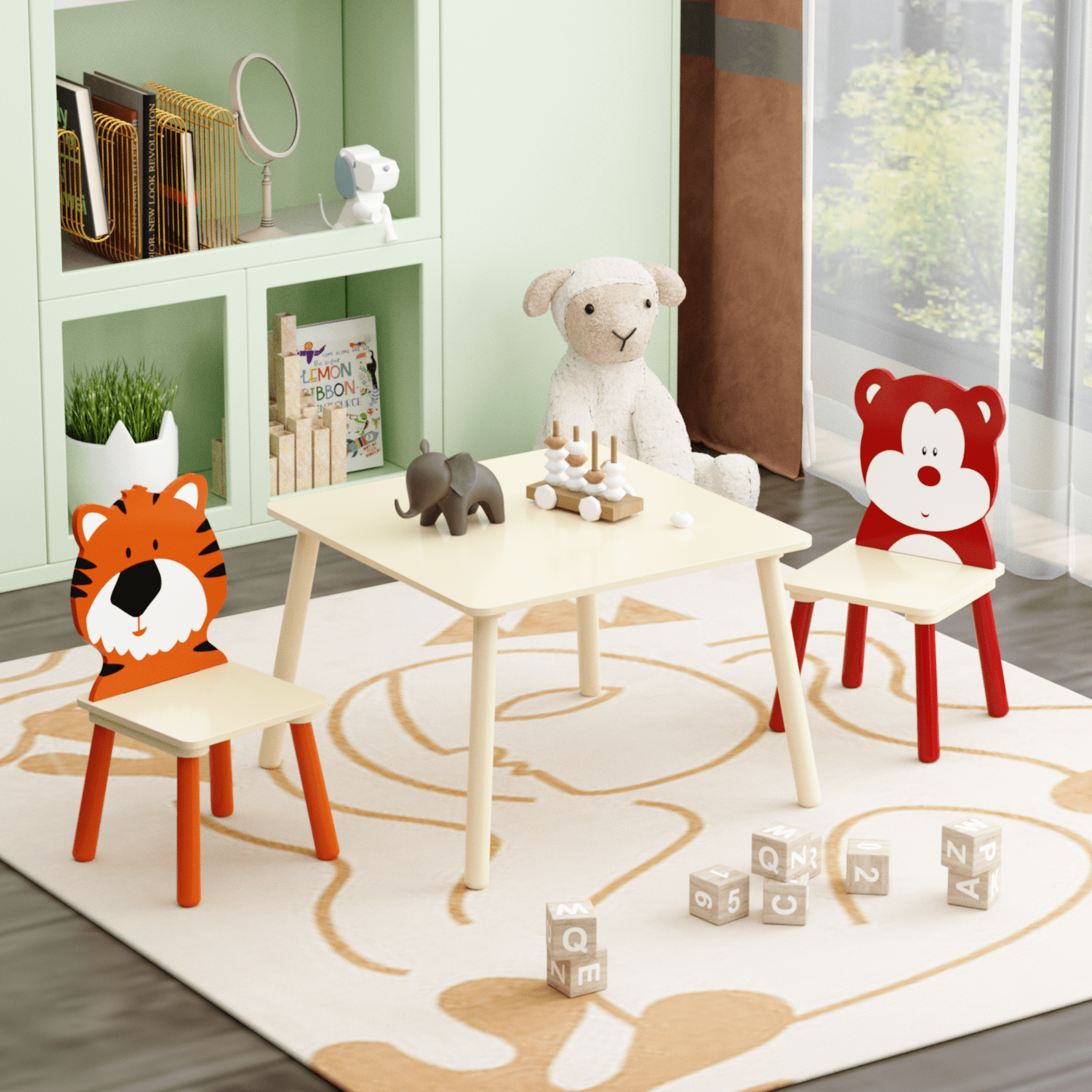 Kids Table and 2 Chairs Set, Wood Children Activity Table Drawing Play Chair Set, 2 Animals Chairs for Reading, Drawing, Eating, Multifunctional Kids Tables for Daycare, Kindergarten, Home