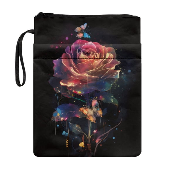 HELLHERO Colorful Rose Butterfly Book Sleeve Polyester Fabric Book Cover Carrying Case Book Storage Bag with Lightweight Book Protector Church Bible Bag