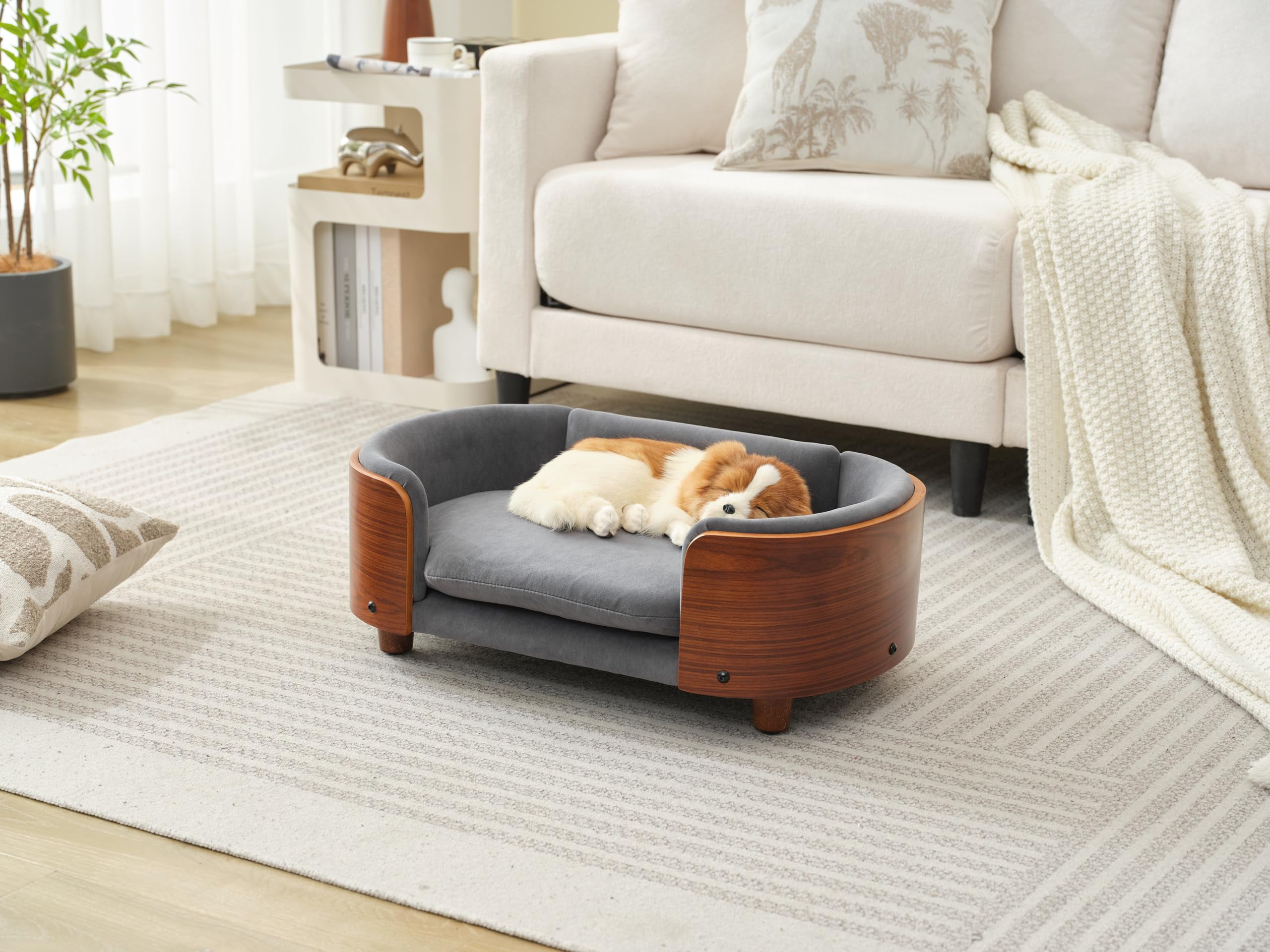 Scandinavian Style Elevated Dog Bed Pet Sofa with Solid Wood Legs and Bent Wood Back, Velvet Cushion, Small Size, Walnut Frame & Dark Grey Cushion