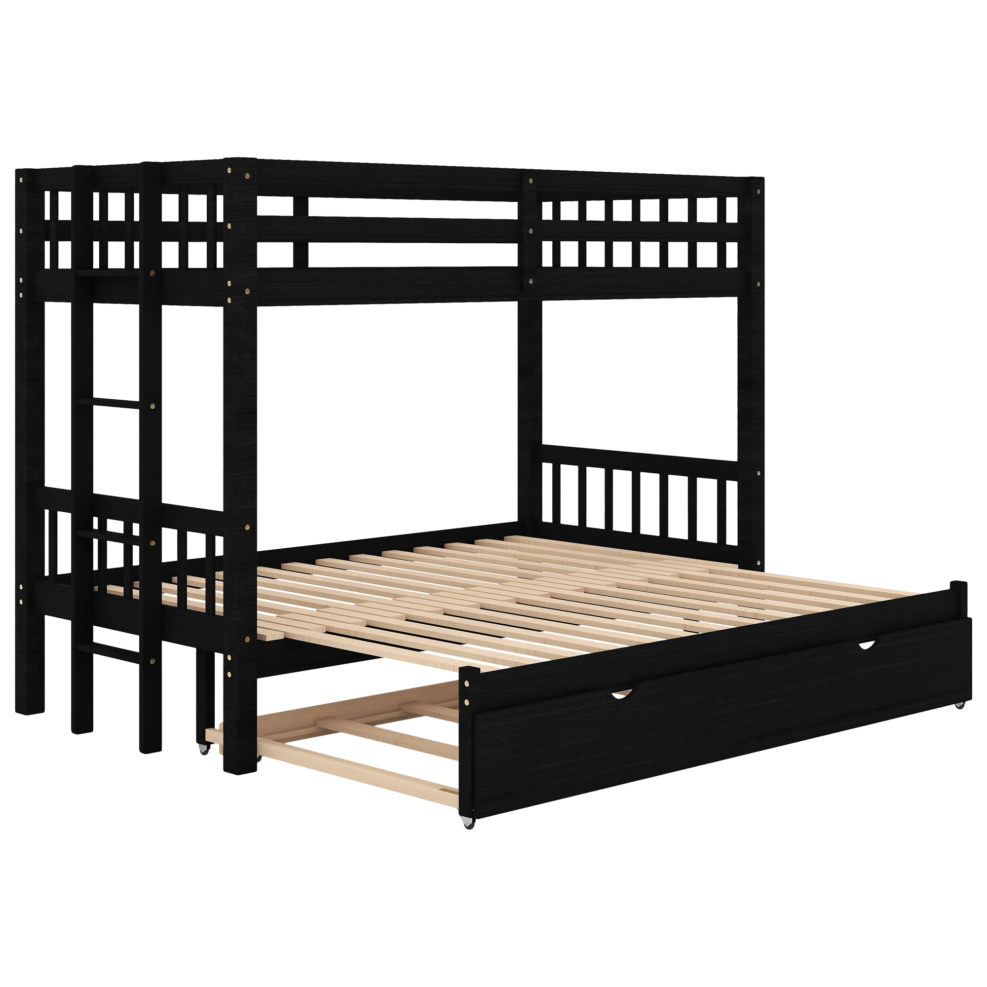 Euroco Wood Twin over Twin Bunk Bed with Trundle for Kids Teens Room, Espresso