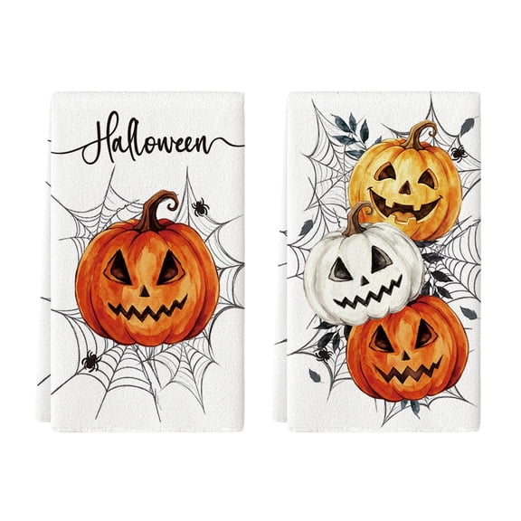 Sm:)e Spider Web Jack-O'-Lantern Beige Pumpkin Halloween Kitchen Towels Dish Towels 18x26 Inch Set of 2