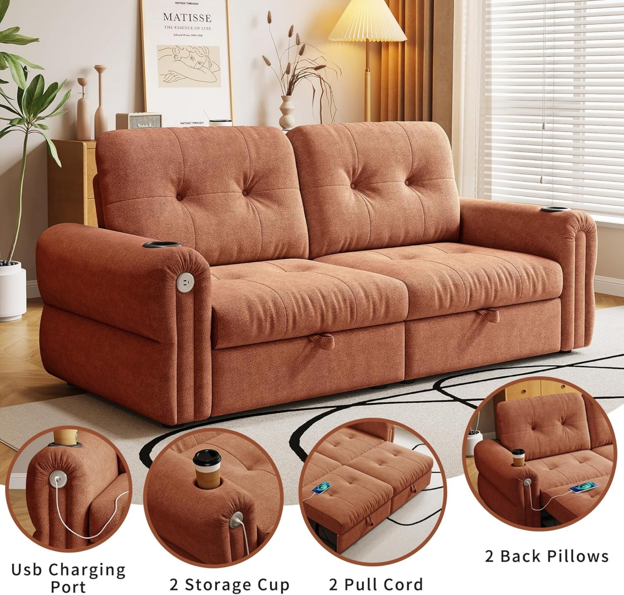 LLappuil 77" Pull Out Sofa Bed Queen Size, Loveseat Sofa Convertible Sofa Bed with USB Port Cupholders, Chenille Sofa Couch for Living Room Orange