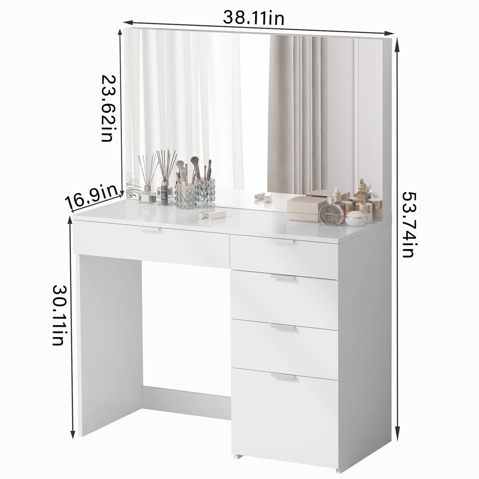 Vebreda Vanity Desk with Large Mirror and 5 Drawers for Bedroom, Dressing Room