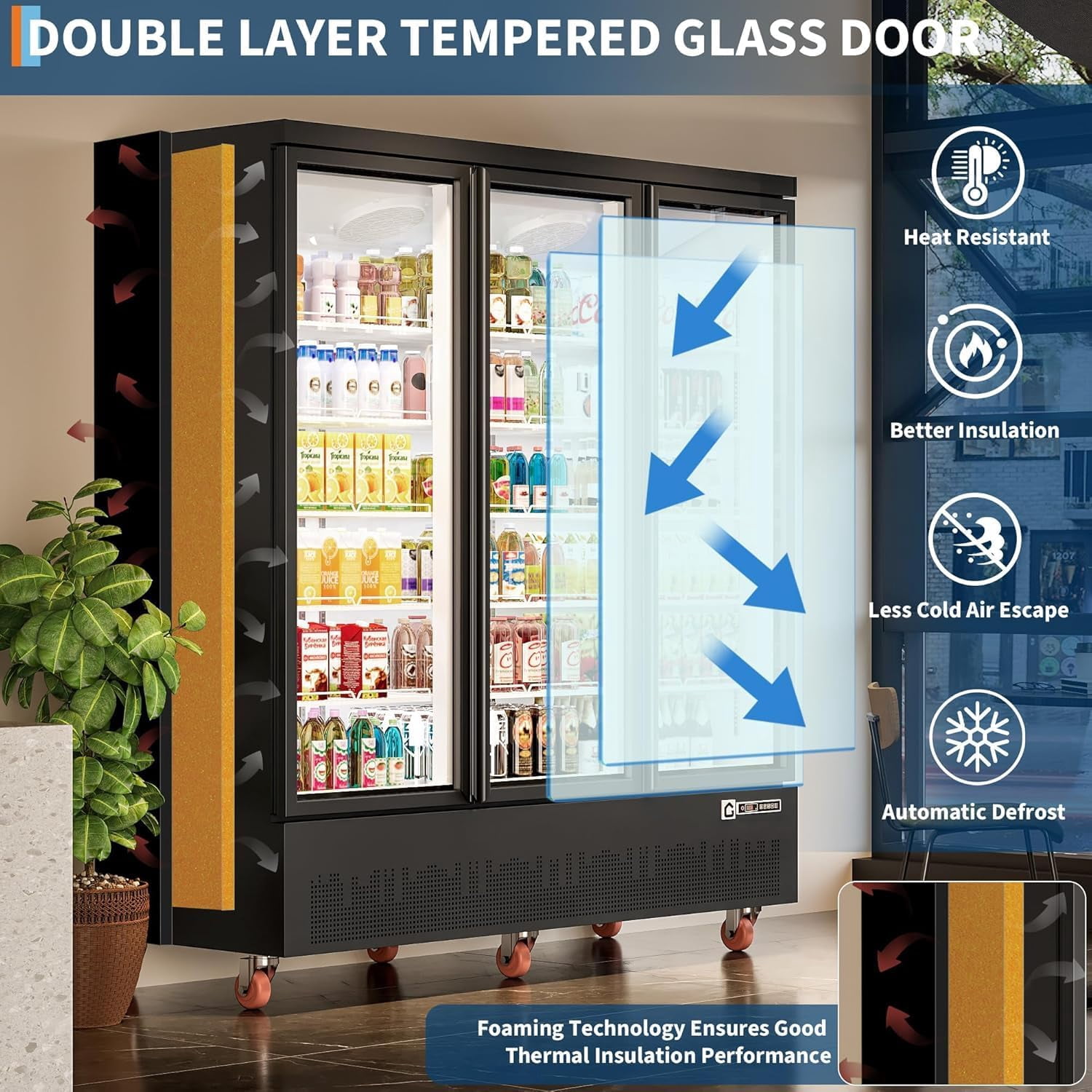 IdealHouse 56.6 Cu.Ft. Commercial Beverage Refrigerator - 3 Glass Door Merchandiser Cooler with LED Lighting, Adjustable Shelves | Upright Drink Display Fridge for Restaurants, Stores, Supermarkets