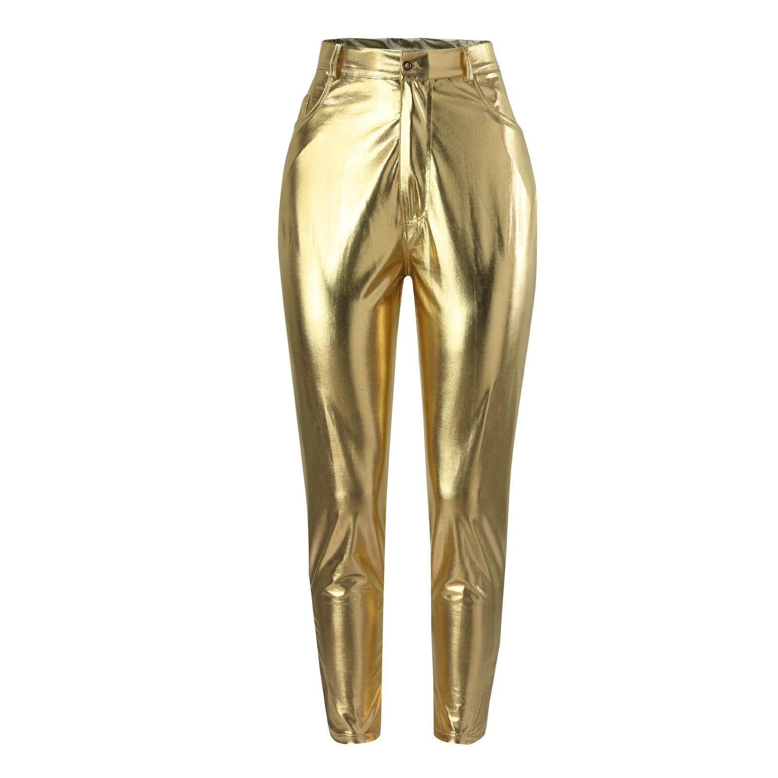 Womens Pants Casual Pants Women Winter Women s Sexy Mid Waist Faux Leather Leggings Stretch Leather Pleather Pants Adult Female Clothes Gold Size L