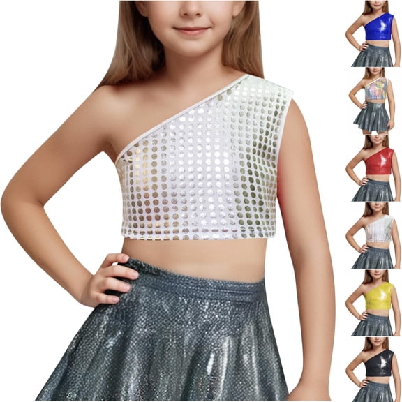 Afuyipoi Big Girls Sequined One Shoulder Tank Top (3-16 Years) Summer Glitter Sleeveless Crop Top Elastic Performance Outfit for Dance and Party Silver 8/10