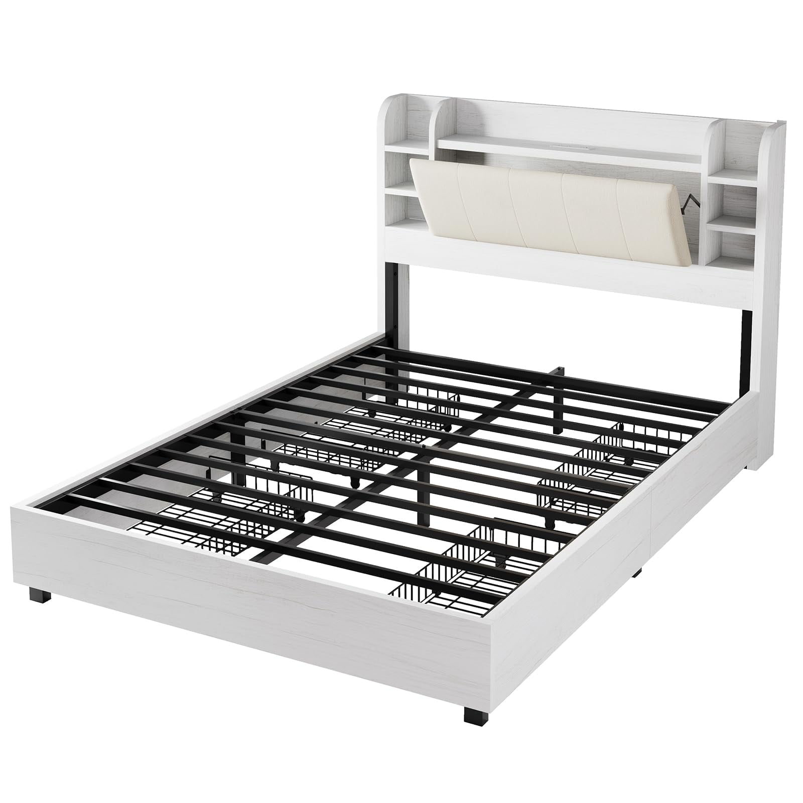 Amerlife Queen Size Bed Frame with Drawers,Upholstered Bookcase Headboard and Charging Station,White