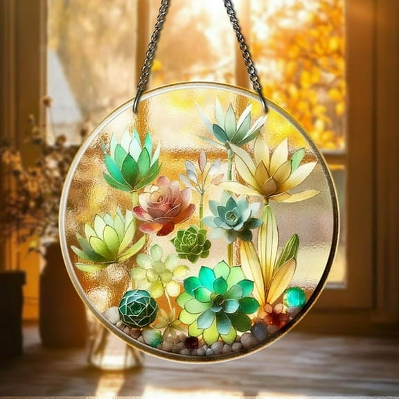 Succulent Stained Glass Suncatcher Handmade Plant Window Hanging, Garden Lover Gift, Boho Glass Decor for Home or Sunroom, Plant Lover
