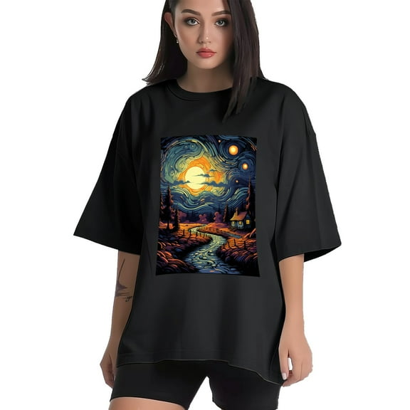Plus Size Shirt for Women Black Tops for Women Short Sleeves Shirt for Women Night Sky T Shirt Crewneck Shirt for Women XS