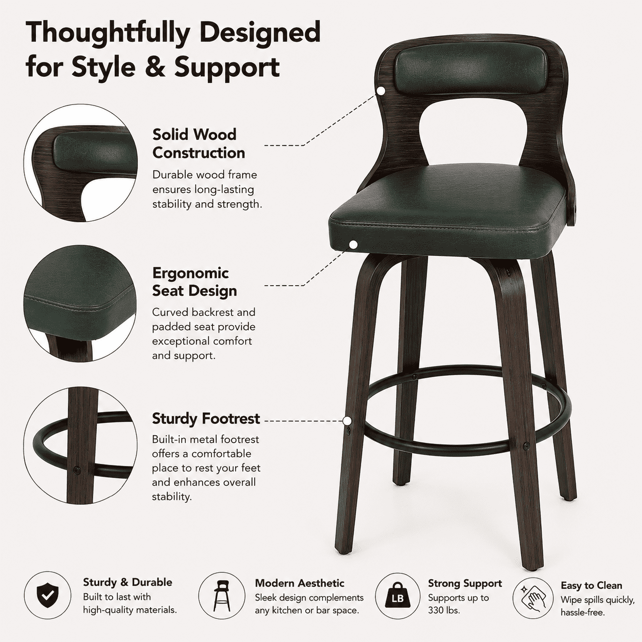 MOONMISS Bar Stools Set of 2, 29" Swivel Counter Height with Bentwood Legs and Back,Mid Century Modern Faux Leather Upholstered Counter Stools,Emerald