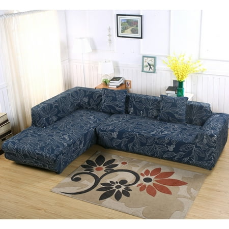Couch Pillow Slipcovers Sofa Covers for L Shape, 2pcs Polyester Fabric Stretch Slipcovers + 2pcs Pillow Covers for Sectional sofa L-shape Couch - Blue Leaf ()