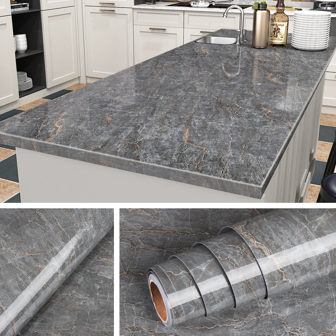 24x196in Gray Marble Peel and Stick Wallpaper for Bathroom Kitchen Countertops 