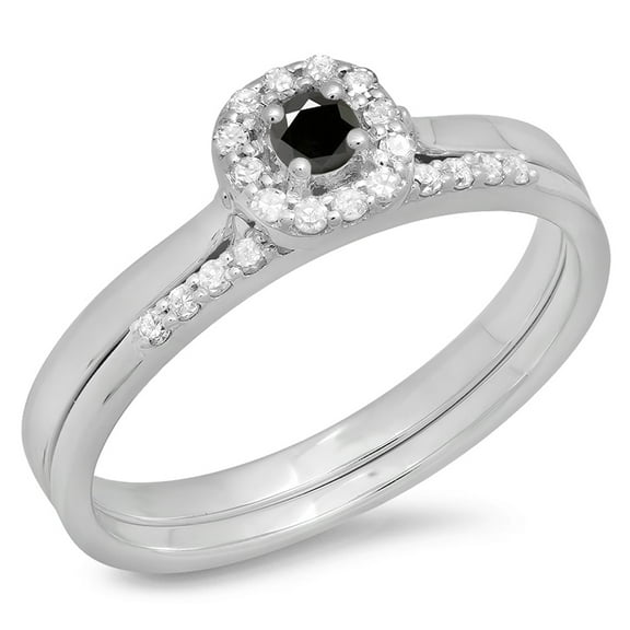 Dazzlingrock Collection 0.30 Carat (ctw) 10K Black & White Diamond Bridal Halo Engagement Band Set 1/3 CT, White Gold, Size 7.5