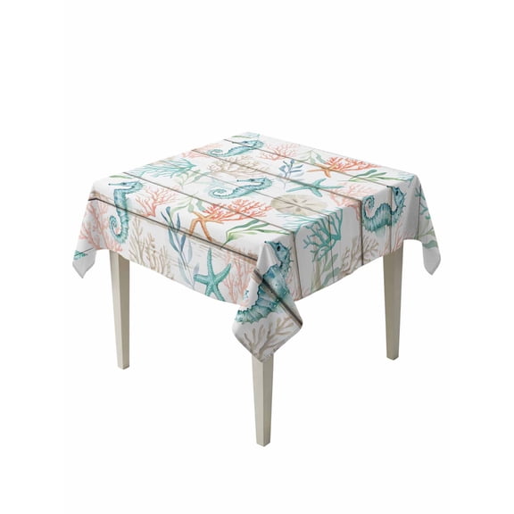 Teal Red Seahorse Coastal Suqare Tablecloth - 60 x 60 Inch, Vintage Nautical Beach Coral Starfish Waterproof & StainResistant Tablecloth, Washable Oil-proof Table Cover for Dining/Party/Wedding