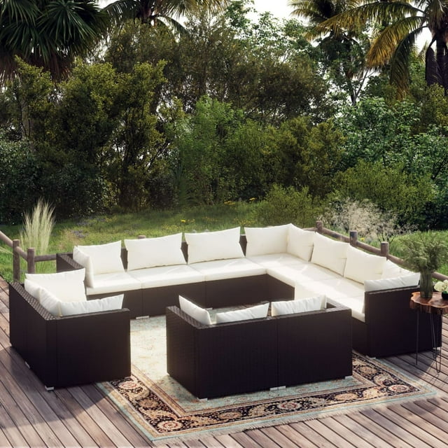 vidaXL 11 Piece Garden Lounge Set with Cushions Black Poly Rattan