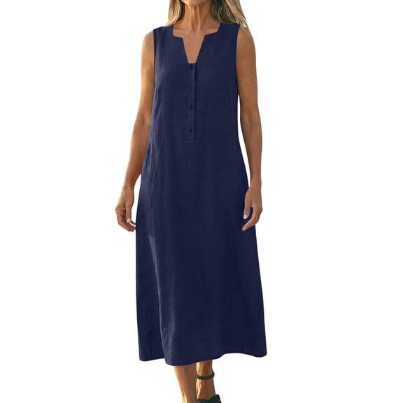 YueHuiYing Women Cute Sleeveless Ruffled Deep V Neck Dresses Cotton Linen Dress for Summer Casual Shift Dress