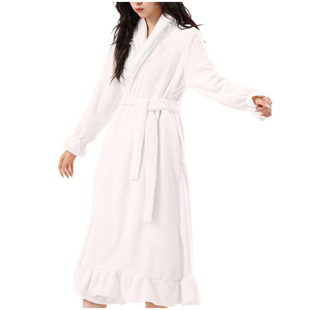 WRKEKC Womens Long Robes for Women Long Sleeve Solid Color Extended Warm Pockets Coral Fleece Ruffled Sleepwear Bathrobe