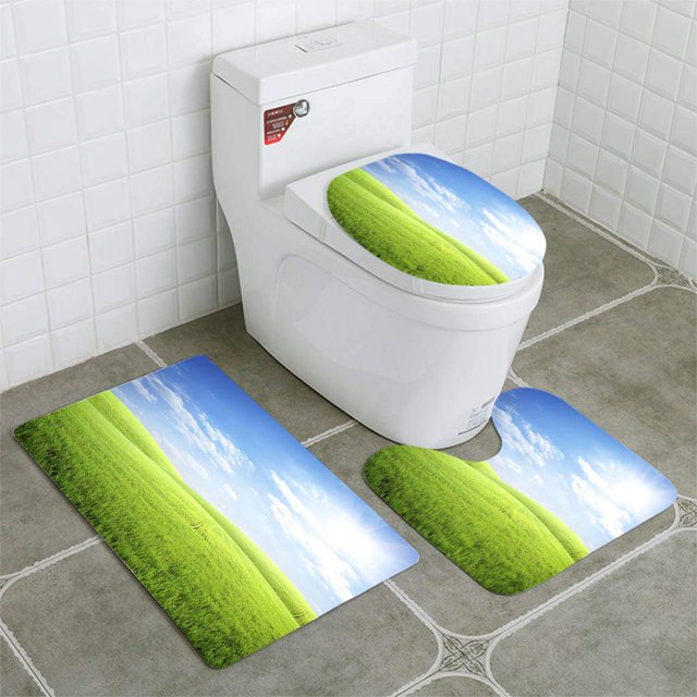 Juego de alfombras de baño ABPHQTO Campo de hierba fresca 3 piezas Alfombra de baño Alfombra de contorno y tapa de inodoro