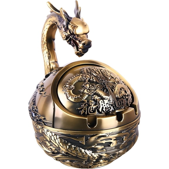 Vintage with Lid for Cigarettes,Metal Windproof Smokeless Odorless Ash Tray Holder for Indoor Outdoor Decorative Hand-Carved Fancy Gift Ornament for Home Office (Bronze Dragon)