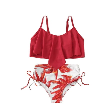 

Teen Girls Swimsuits Tankini Size 140 For 6 Years-8 Years 3 Piece Red Floral Prints Bikini Briefs Bikini Beach Swimwear Set Kids Bathing Suits For Girls Tops