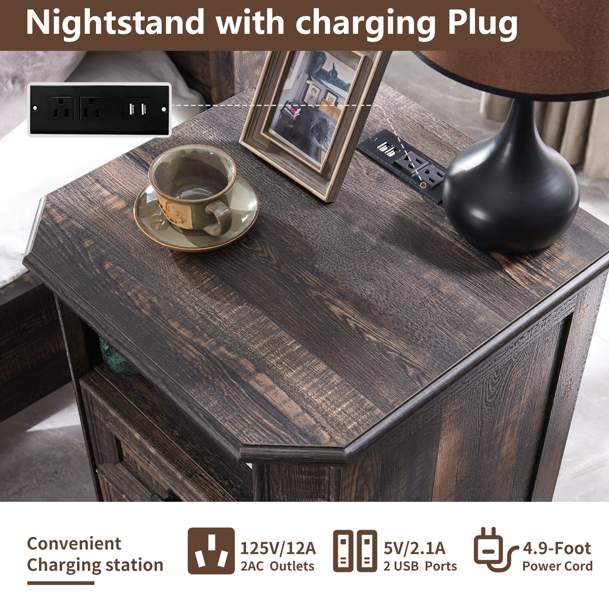 OKD Farmhouse Nightstand with Charging Station, End Table with 2 Drawers for Living Room, Side Table, Dark Rustic Oak