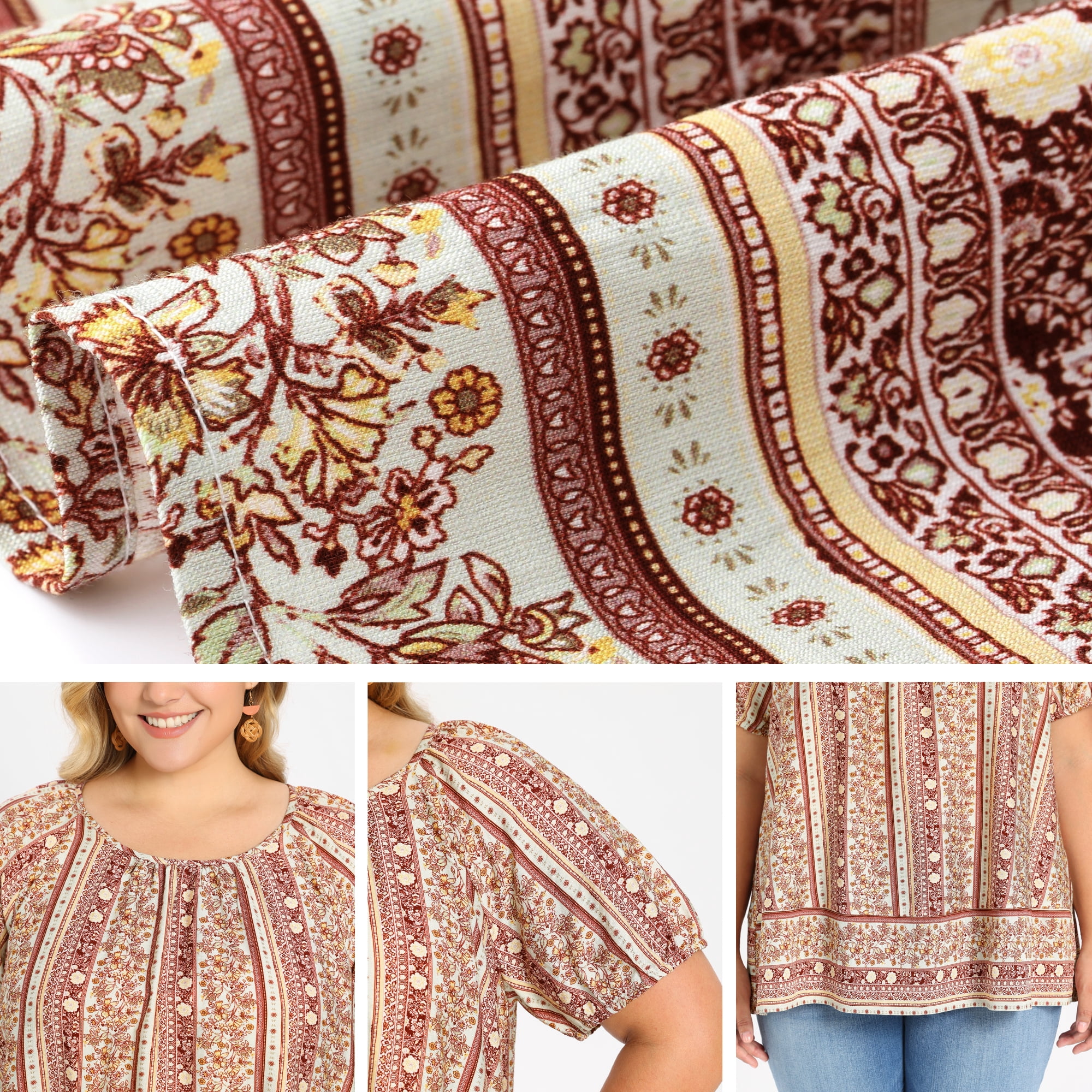 DARING DIVA Women's Plus Boho Floral Round Neck Puff Sleeve Blouse 3X Dark Red