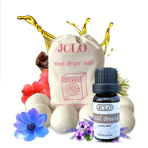 JCLO XL 6-Pack Organic Wool Dryer Balls with Still BREEZE10ml Essential Oil Combo for Use 100% Organic and Natural Diffuser and Humidifiers Perfect for Massage & Still Breeze)