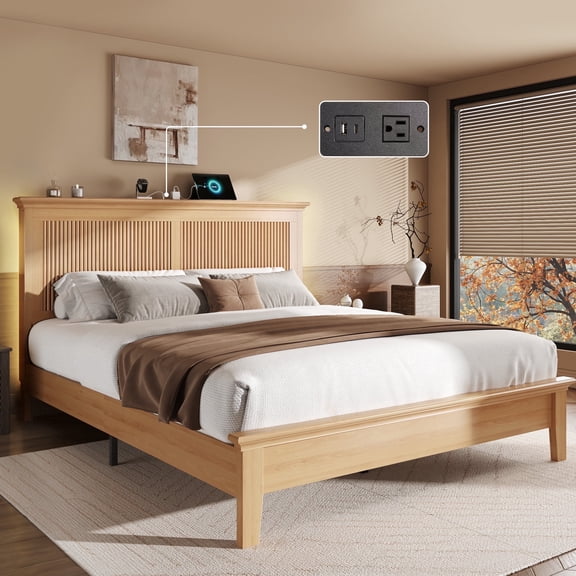 Solid Wood Queen Bed Frame, Platform Bed with High Headboard and Charging Station, Natural