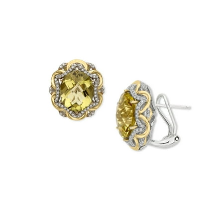 Duet Olive Quartz Stud Earrings with Diamonds in Sterling Silver & 14kt Gold