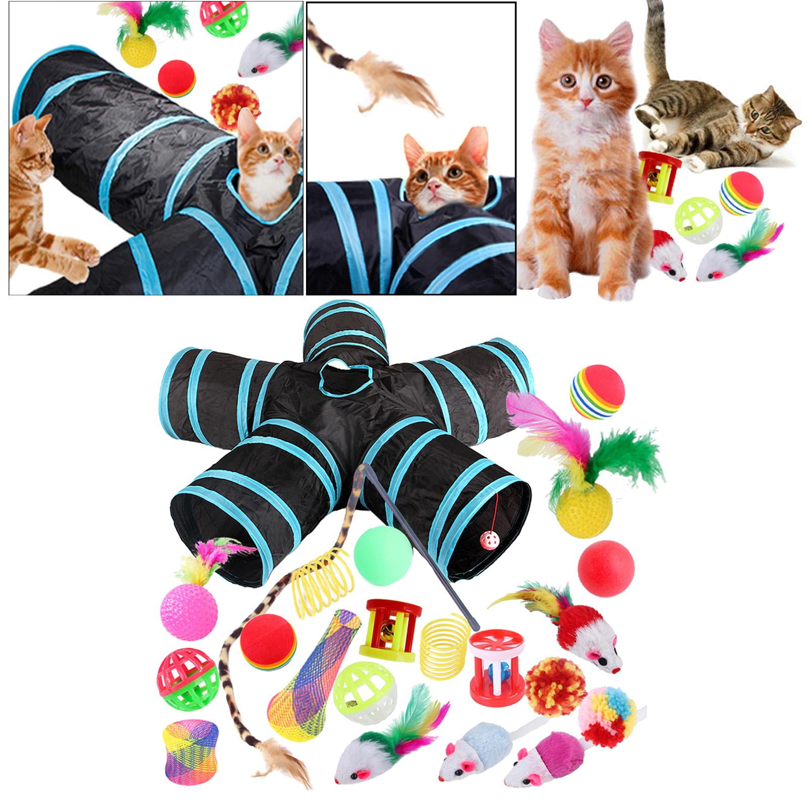 22 piece Interactive Cat Toy Sets,Collapsible Cat Tunnels for Indoor Cats, Feather Teaser Crinkle Balls Spring Toy Catnip Fish for Cats , B99504
