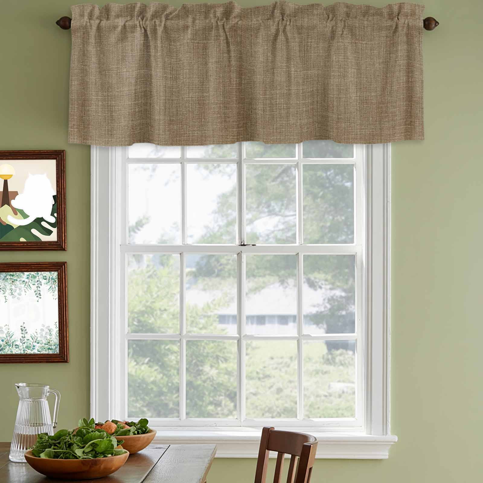 Vintage Brown Curtain Valances for Windows, Kitchen Valance Window Treatments Panel 2 Pack, Farmhouse Retro Dark Solid Color Linen Texture Rod Pocket Short Curtains for Bathroom Bedroom 60 x 18 Inch