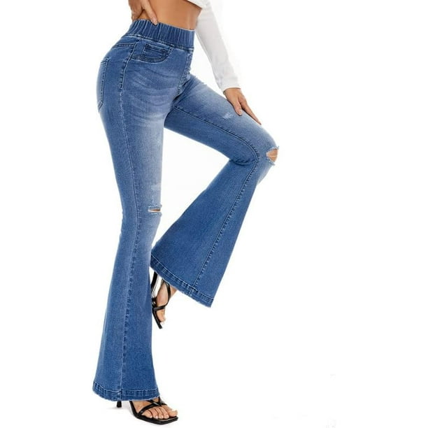 Pantalones vaqueros con parte inferior de campana para mujer vaqueros acampanados de cintura alta rasgados con cintura elastica pantalones vaqueros ajustados elasticos con dobladillo crudo 256 blue12 ...
