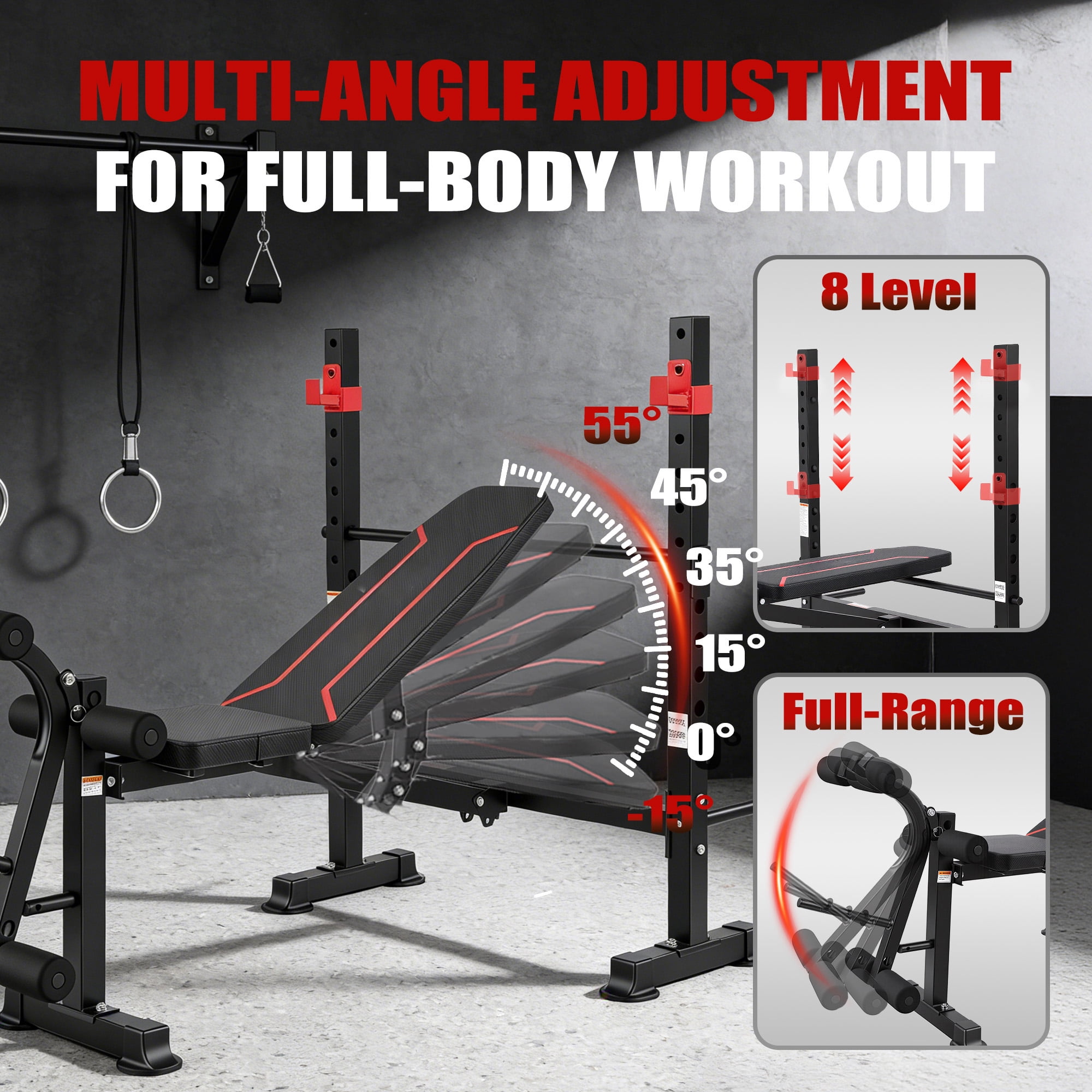 750LBS Weight Bench with Bench press rack, Adjustable Workout Bench Set with Leg Extension/Curl,Standard Bench Press Set for Home Gym Full Body Training