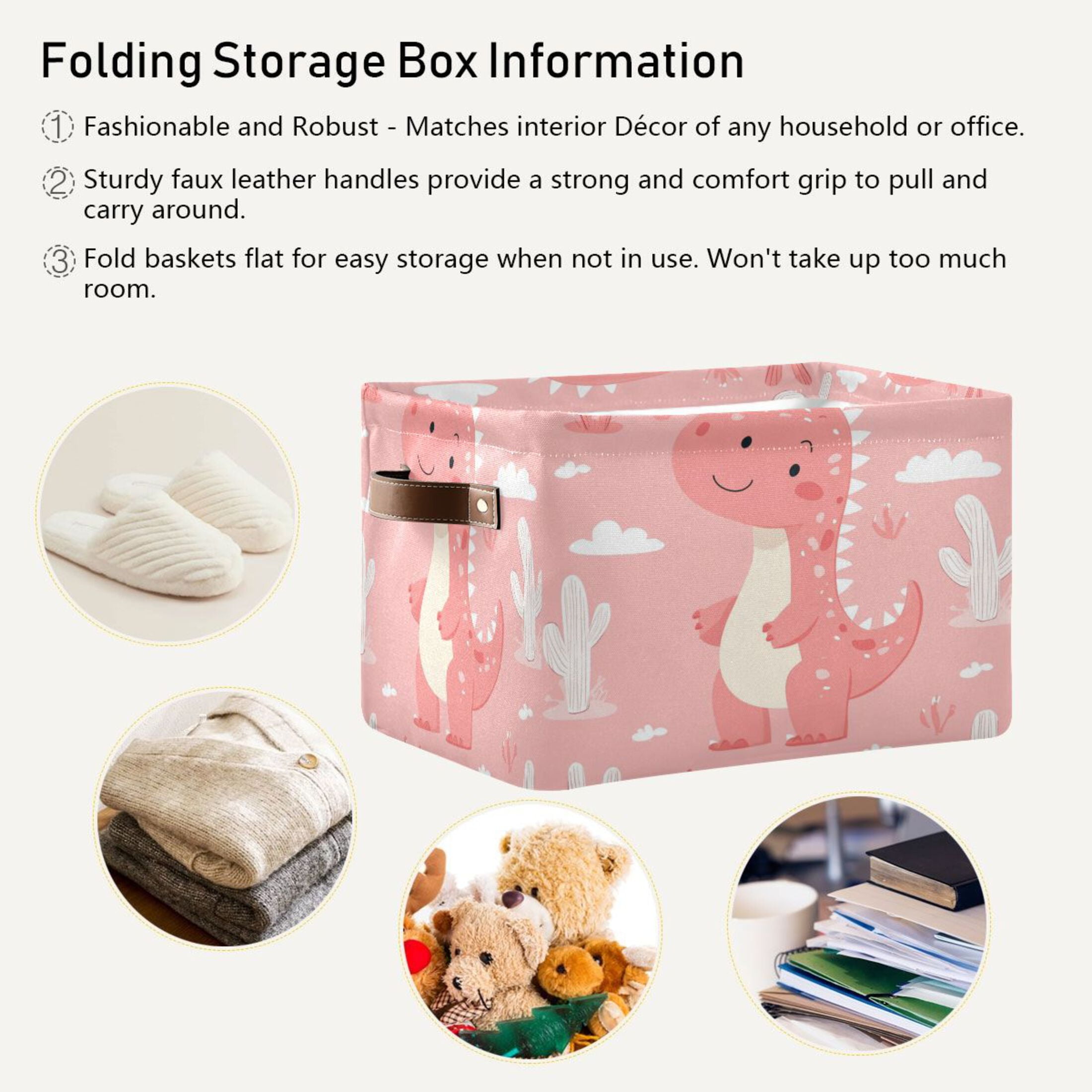 Cute Pink Dinosaur Pattern Foldable Storage Basket,Canvas Fabric Foldable Storage Bins with Handles Open Home Storage Bins Boxes for Toy Book Shelf Closet Baskets
