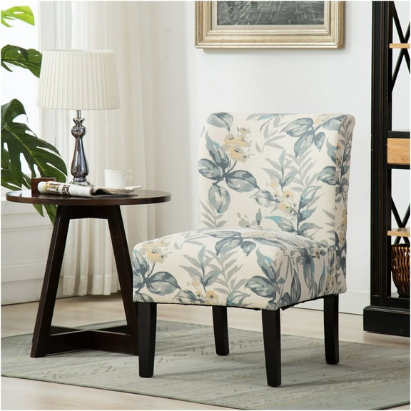 JERFIT Multicolor Accent Chair Armless Upholstered Side Chair with Curved Back, Blue Leaves Pattern for Living Room Bedroom