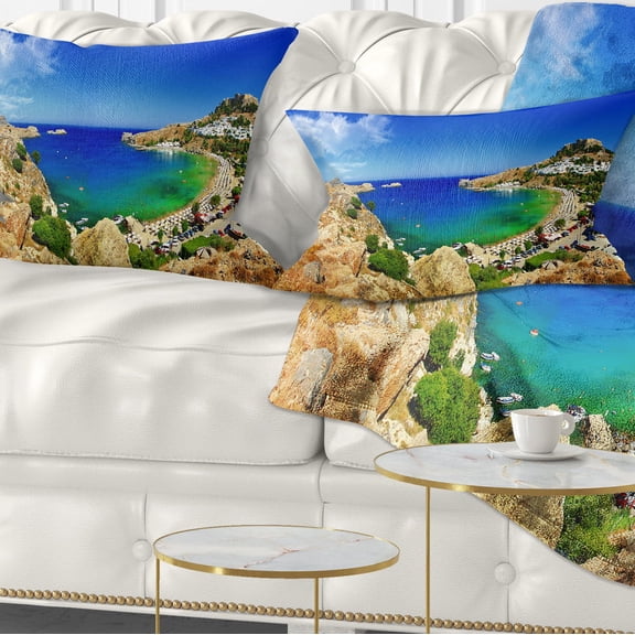 Designart Lindos Bay Greece Panorama - Landscape Photography Throw Pillow - 12x20