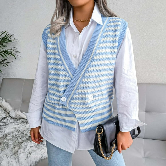 EGNMCR Sweaters for Women Fashion Casual Loose Stripe Splicing Sweater V-neck Sweater Vest, Gifts for Women