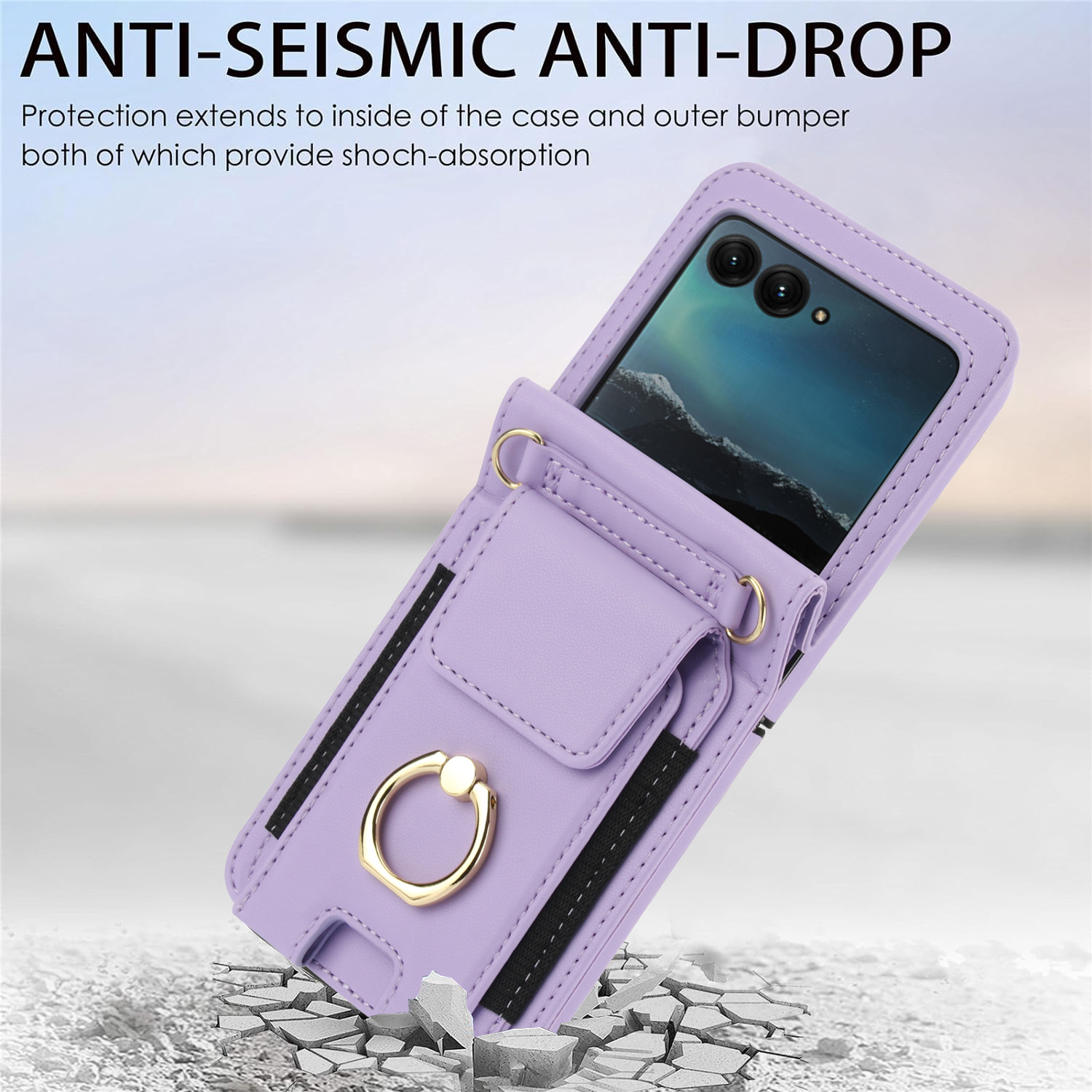 for Motorola Razr 2024 Case, Retro PU Leather Shockproof Protection Phone Case Wallet Built in Credit Card Slots Flip Cover Finger Ring Stand with Long Strap + Short Strap, Purple