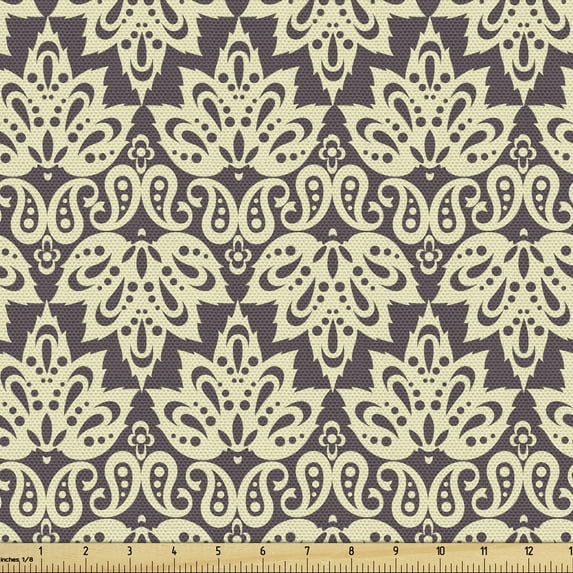 Ethnic Fabric by the Yard, Traditional Floral Pattern Monochrome Abstract Leaves and Paisley Motifs, Decorative Upholstery Fabric for Chairs & Home Accents, Eggplant Pale Yellow by Ambesonne