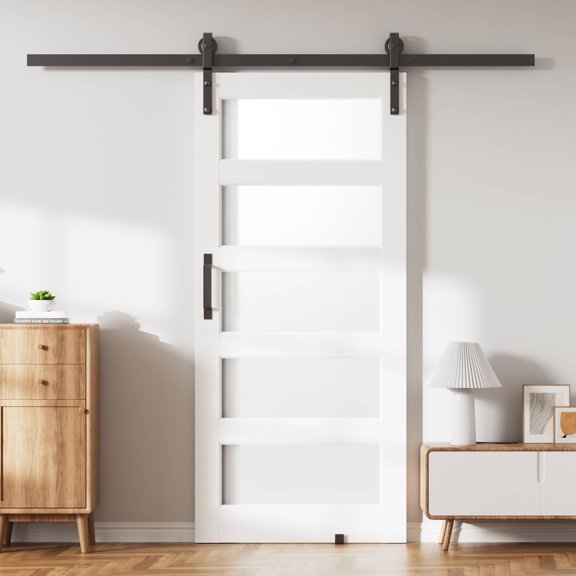 42" X 84" White 5-Lite Sliding Barn Doors Frosted Glass Door With Hardware Kit